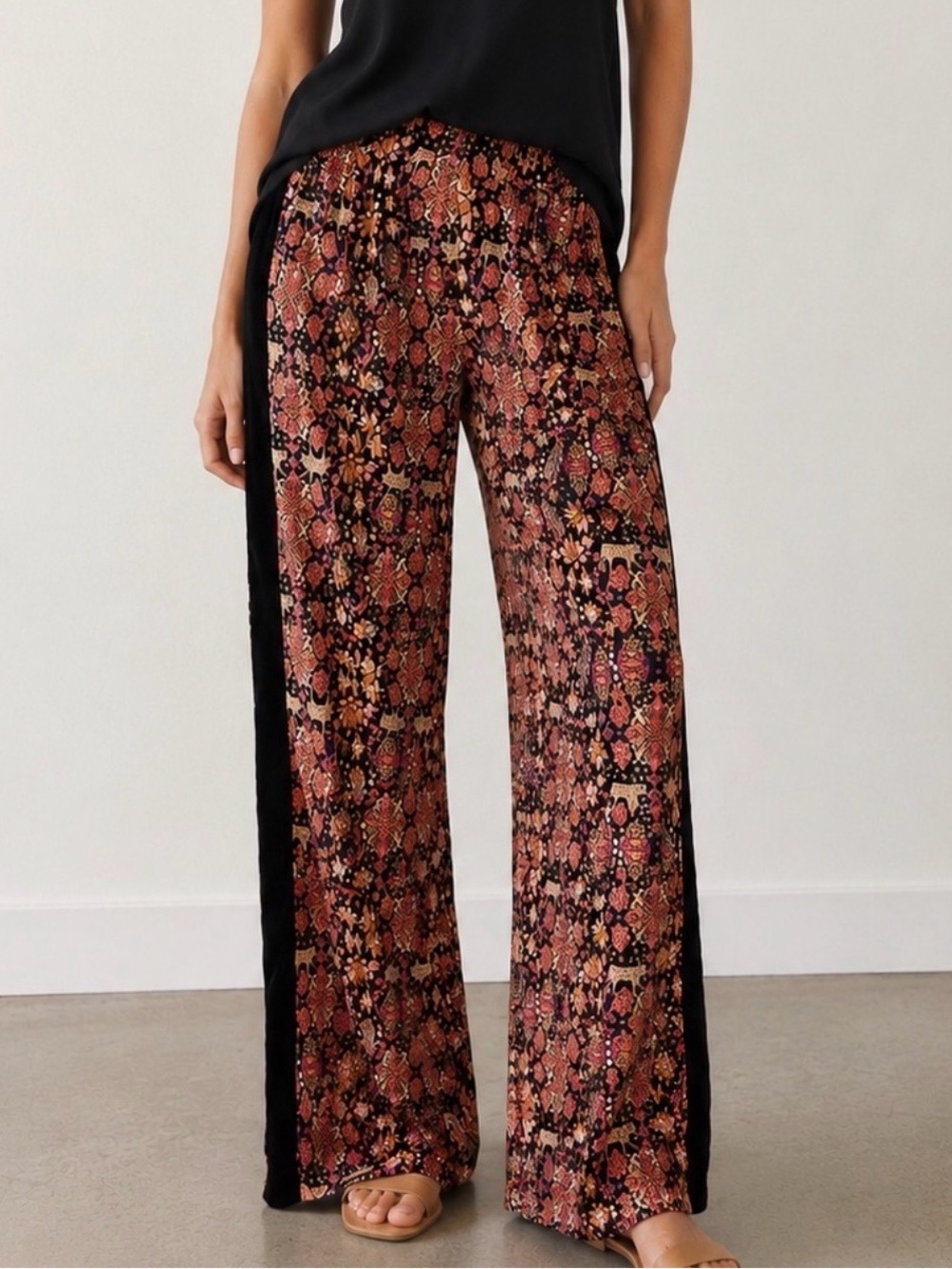 Johnny Was Rust & Black Floral Wide‑Leg Pants Size M